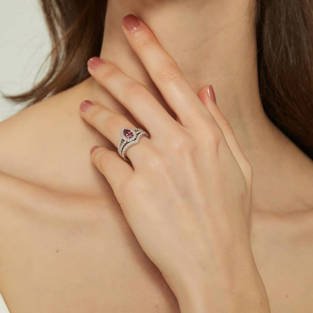 Halo Wishbone Red Pear CZ Split Shank Ring Set in Sterling Silver