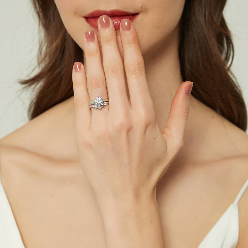 Solitaire 5-Stone Wishbone 2ct CZ Ring Set in Sterling Silver