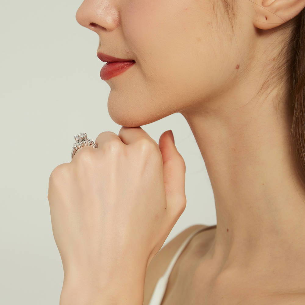 Model wearing 5-Stone Solitaire CZ Ring Set in Sterling Silver, 8 of 18
