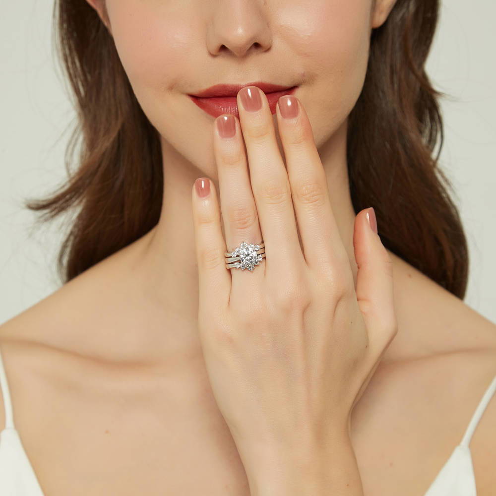 Model wearing 5-Stone Solitaire CZ Ring Set in Sterling Silver, 2 of 18
