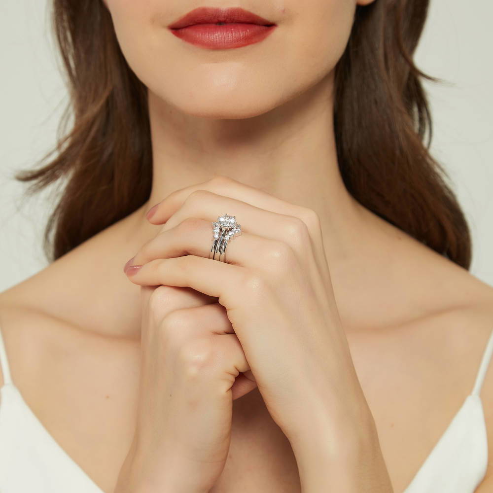 Model wearing 5-Stone Solitaire CZ Ring Set in Sterling Silver, 6 of 18