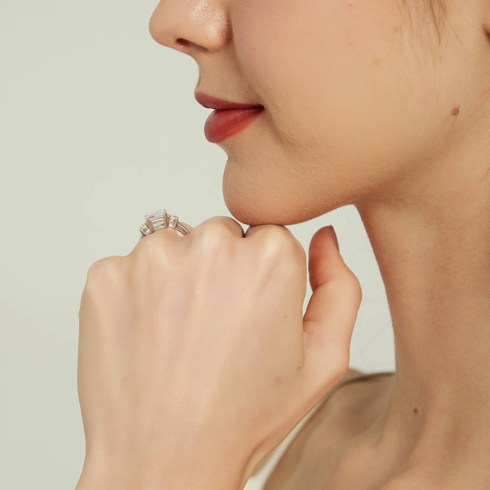 3-Stone Flower 7-Stone Wishbone CZ Ring Set in Sterling Silver