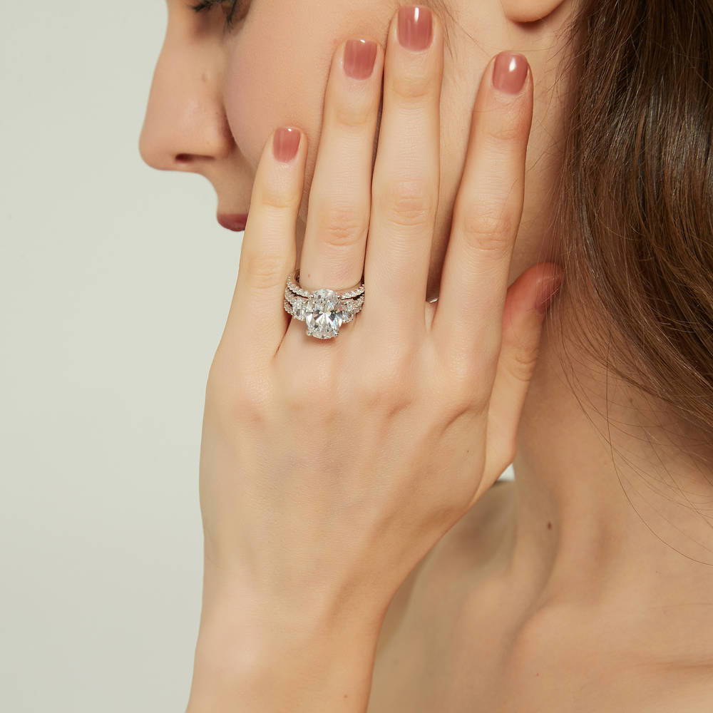 Model wearing 3-Stone Oval CZ Ring Set in Sterling Silver, 5 of 15