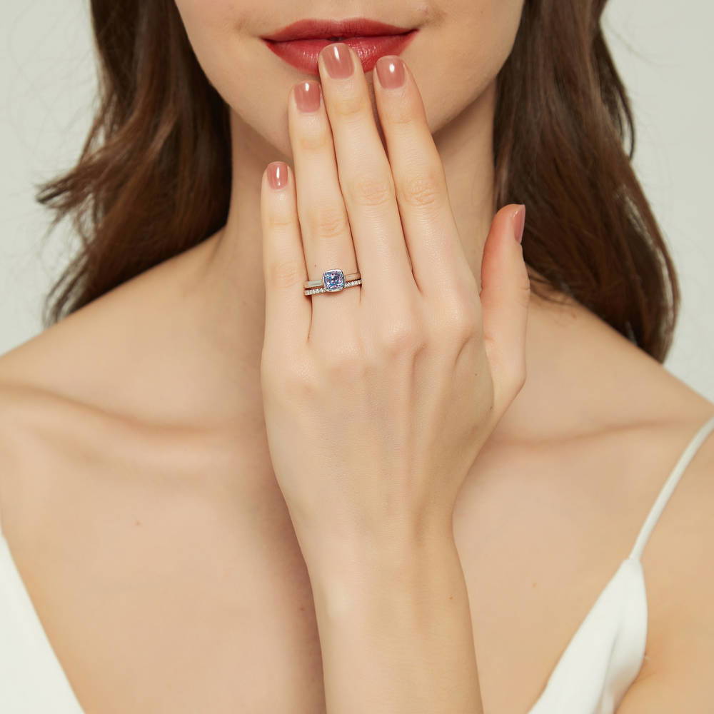 Kaleidoscope Purple Aqua Bezel Set CZ Ring Set in Sterling Silver
