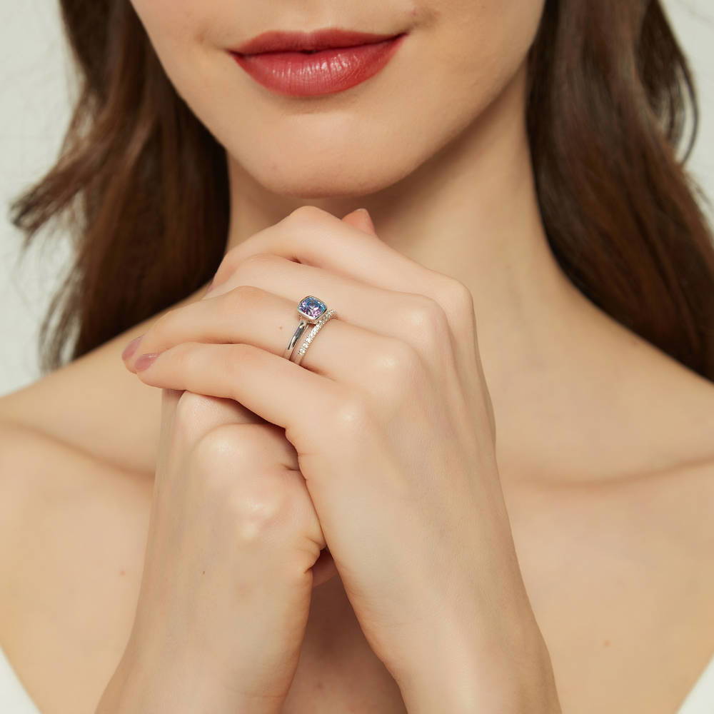 Kaleidoscope Purple Aqua Bezel Set CZ Ring Set in Sterling Silver