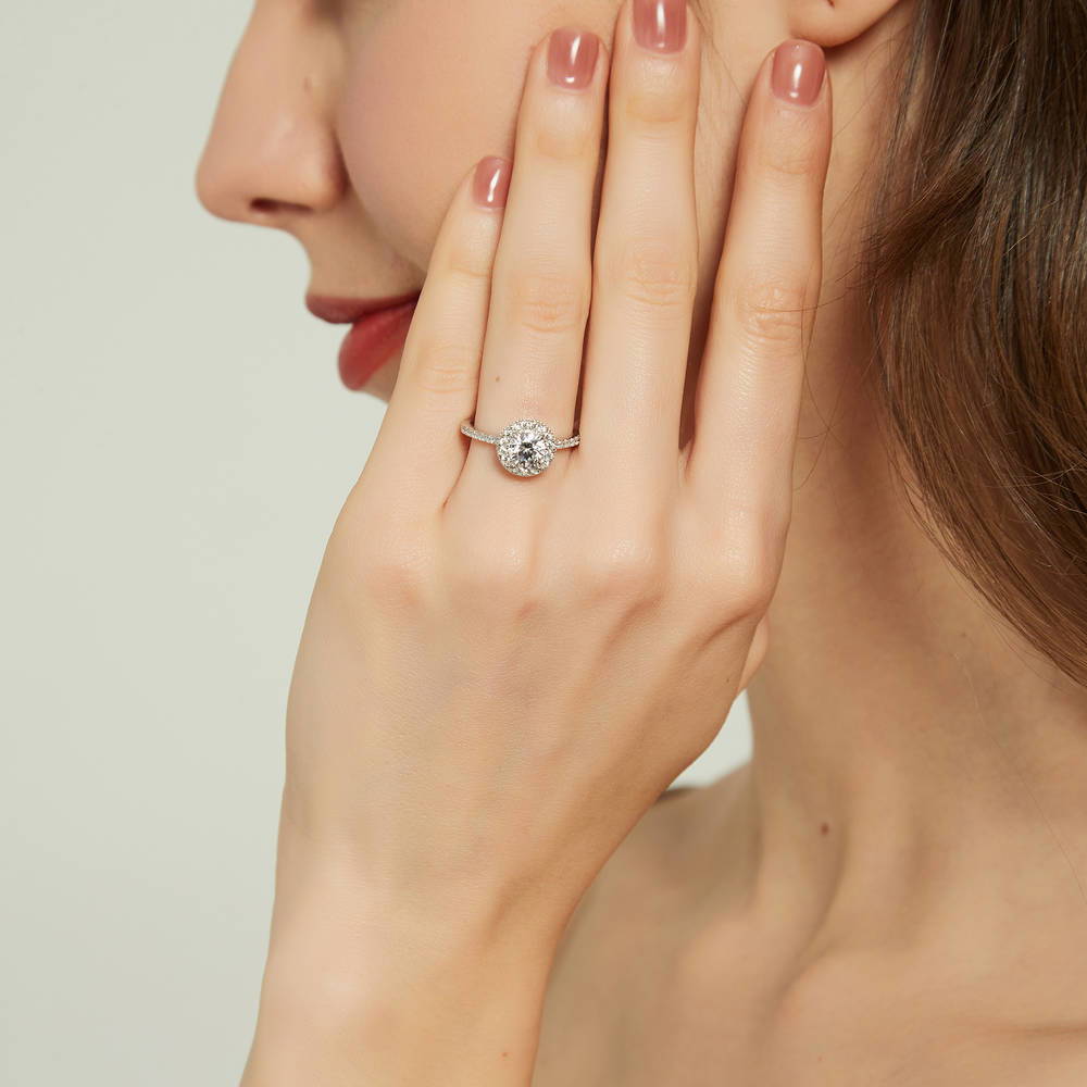 Model wearing Halo Round CZ Ring Set in Sterling Silver, 10 of 15