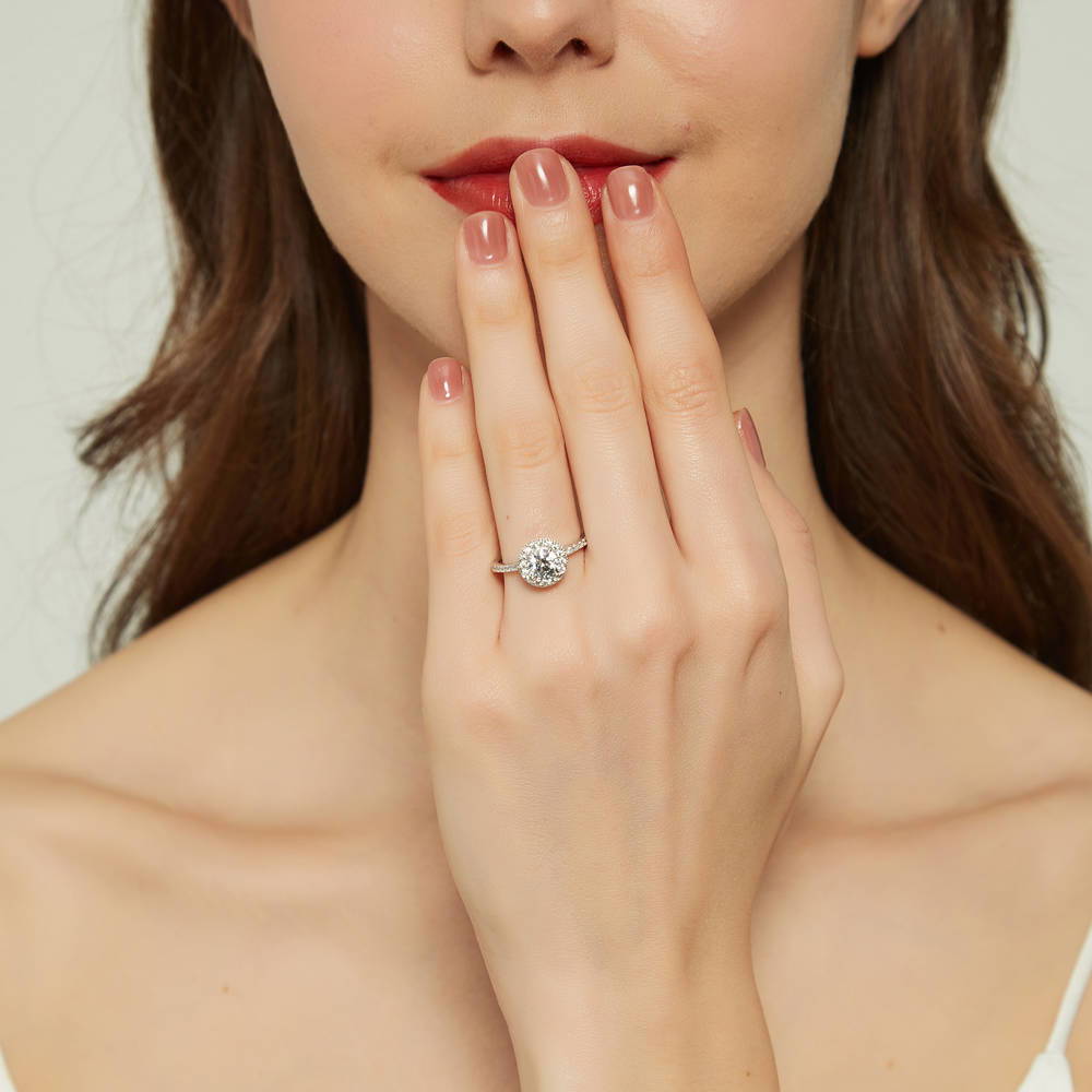 Model wearing Halo Round CZ Ring Set in Sterling Silver, 9 of 15
