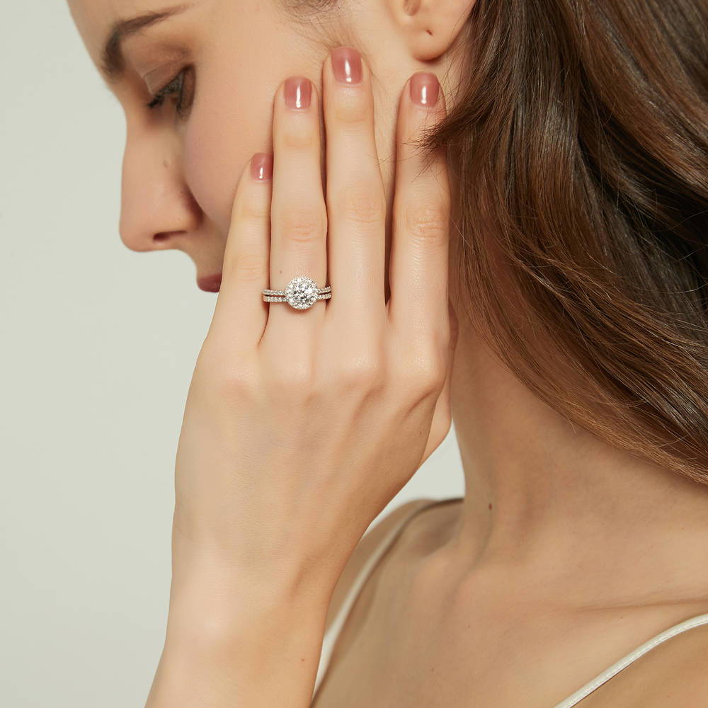 Model Wearing Half Eternity Ring Style R1618-02, Halo Ring Style R1508-01