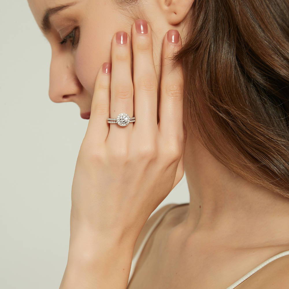 Model wearing Halo Round CZ Ring Set in Sterling Silver, 3 of 15