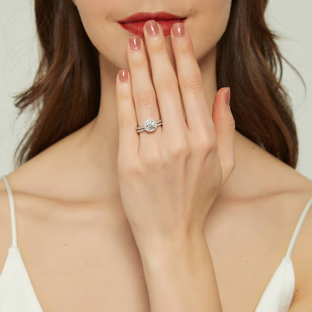 Model Wearing Half Eternity Ring Style R1618-02, Halo Ring Style R1508-01