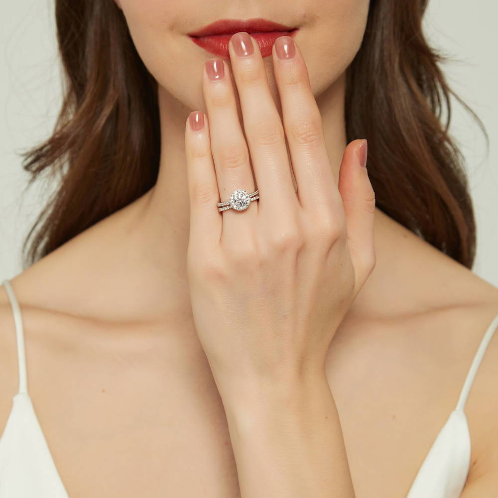 Model wearing Halo Round CZ Ring Set in Sterling Silver, 2 of 15