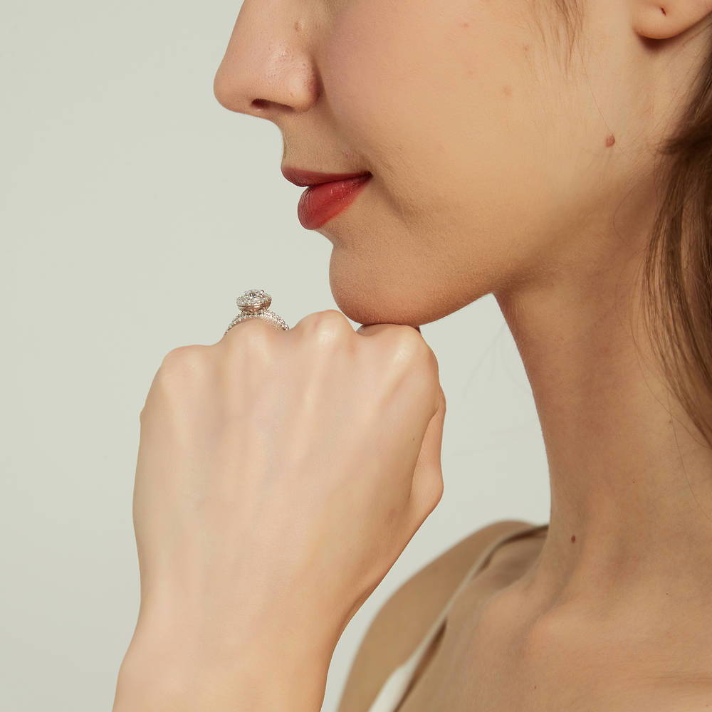 Model wearing Halo Round CZ Ring Set in Sterling Silver, 7 of 15