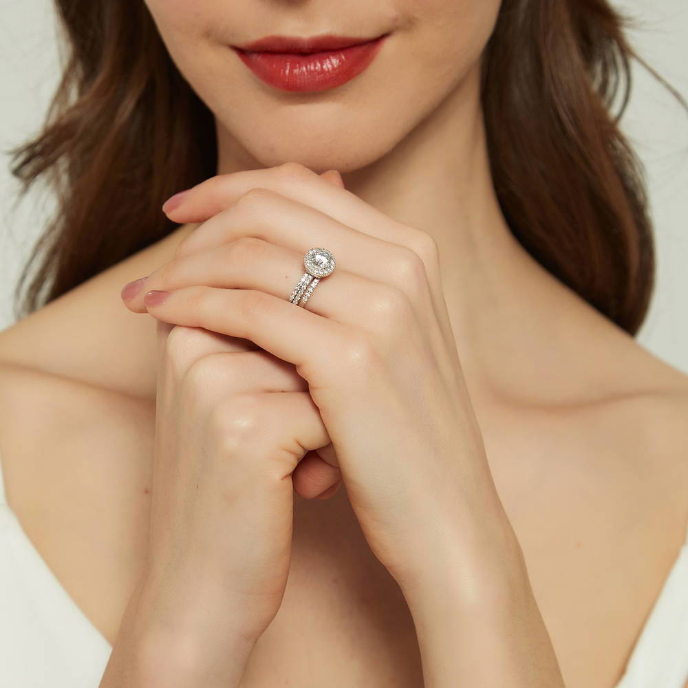 Model wearing Halo Round CZ Ring Set in Sterling Silver, 6 of 15