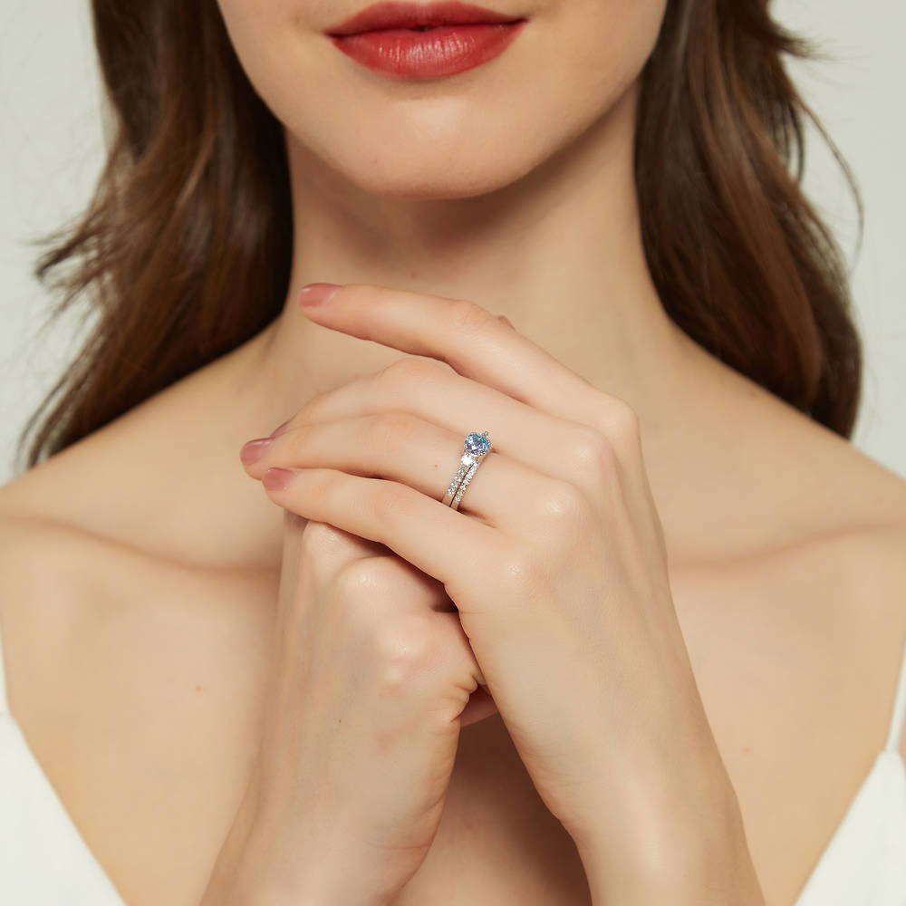 3-Stone Kaleidoscope Purple Aqua Round CZ Ring Set in Sterling Silver
