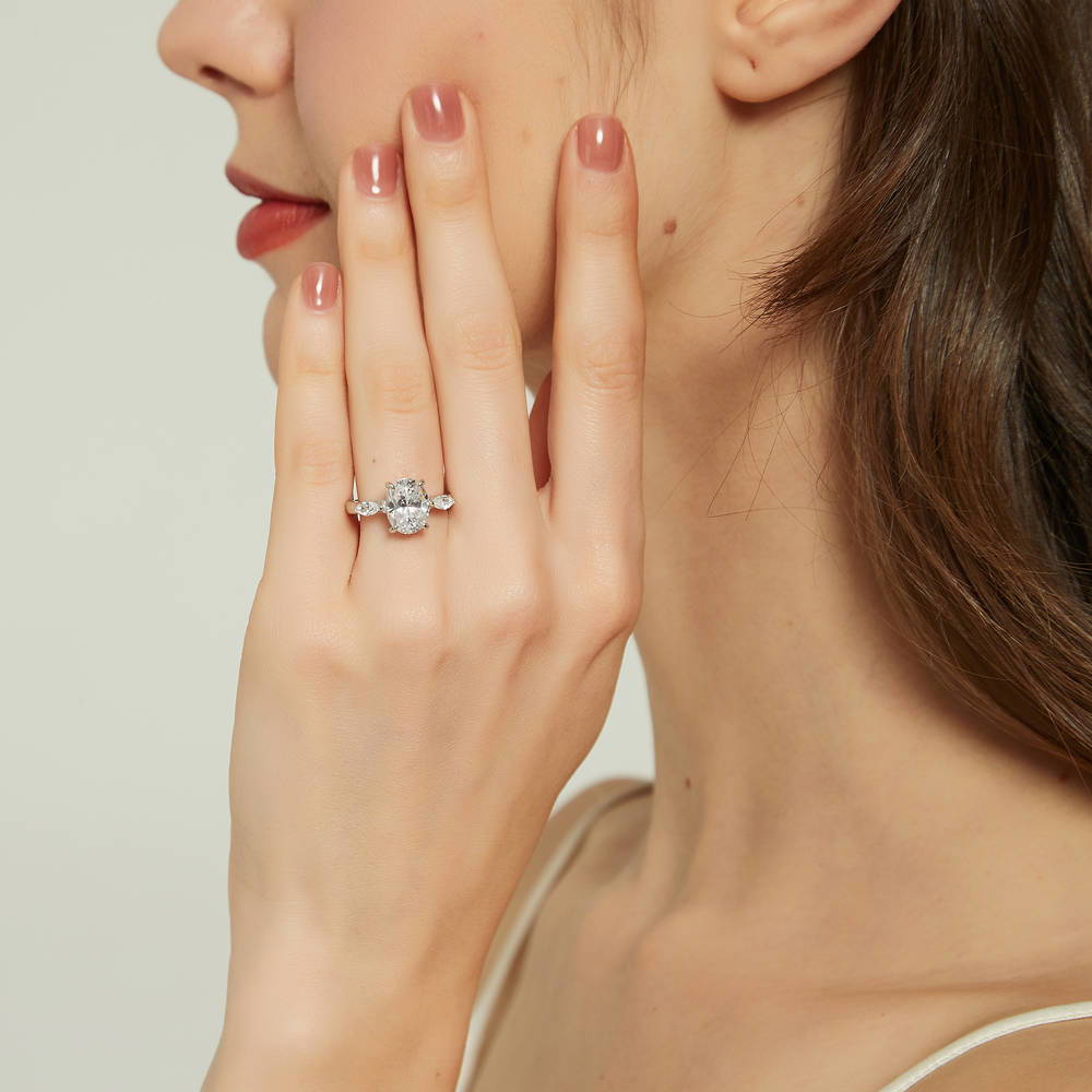 Model wearing 3-Stone Oval CZ Ring Set in Sterling Silver, 9 of 13