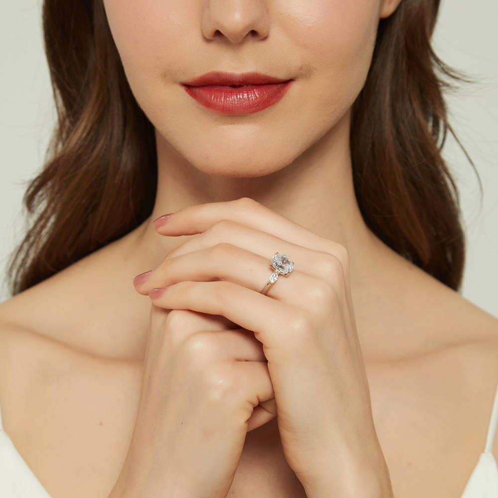 Model wearing 3-Stone Oval CZ Ring Set in Sterling Silver, 11 of 13