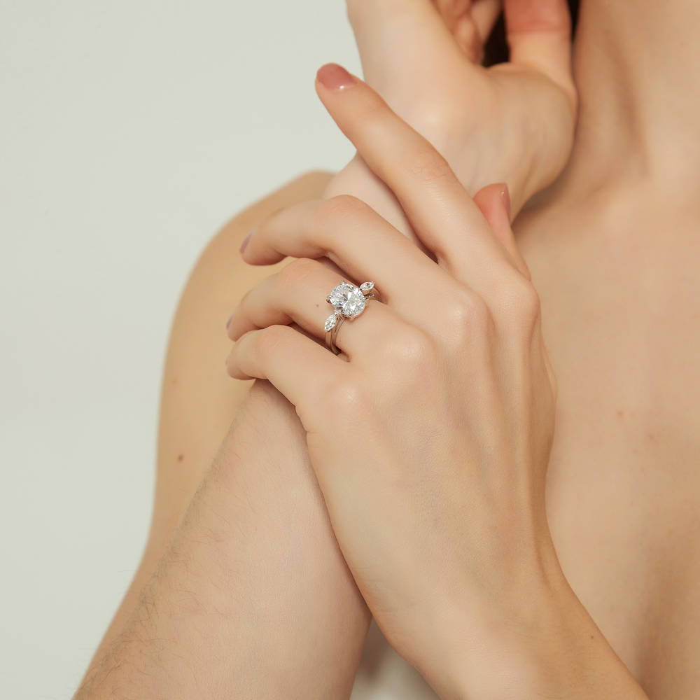 Model wearing 3-Stone Oval CZ Ring in Sterling Silver, 3 of 8