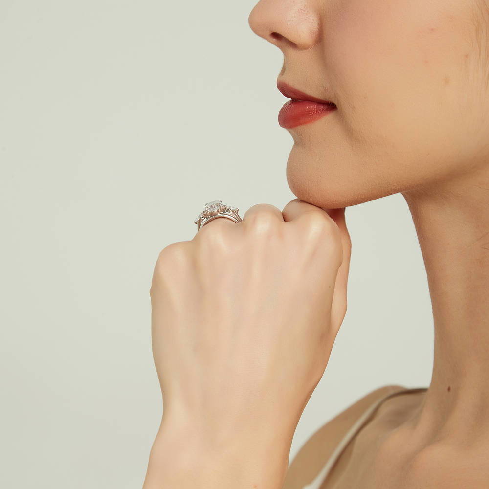Model wearing 3-Stone Oval CZ Ring Set in Sterling Silver, 7 of 13