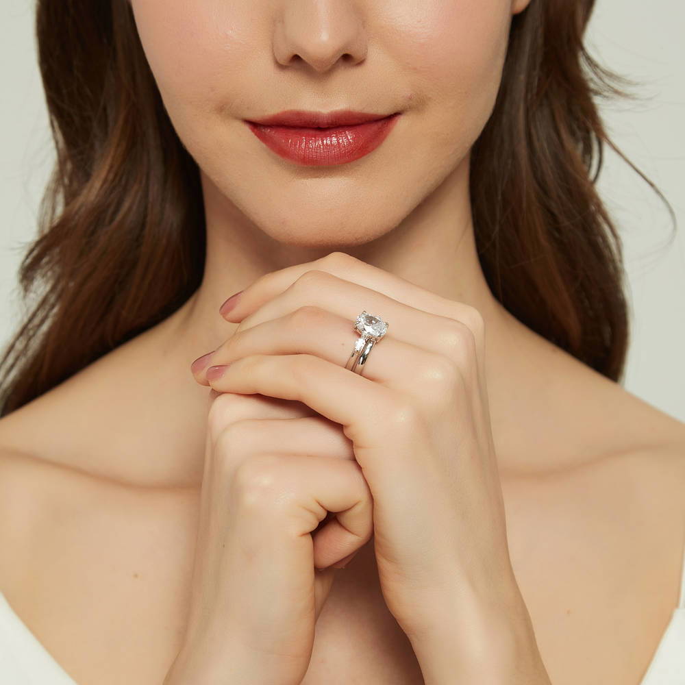Model wearing 3-Stone Oval CZ Ring Set in Sterling Silver, 6 of 13