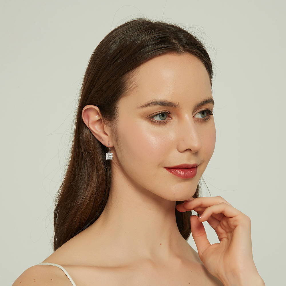 Solitaire 6ct Princess CZ Leverback Earrings in Sterling Silver