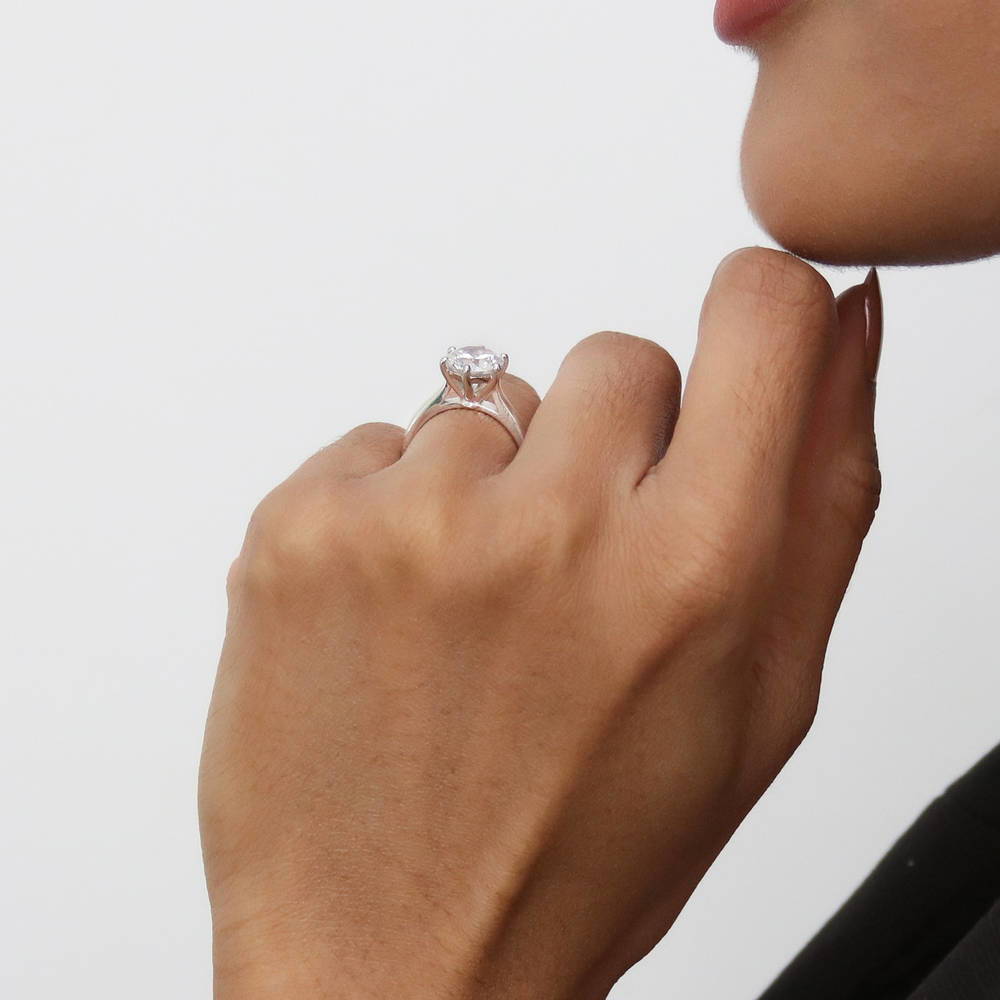 Model wearing 5-Stone Solitaire CZ Ring Set in Sterling Silver, 11 of 18