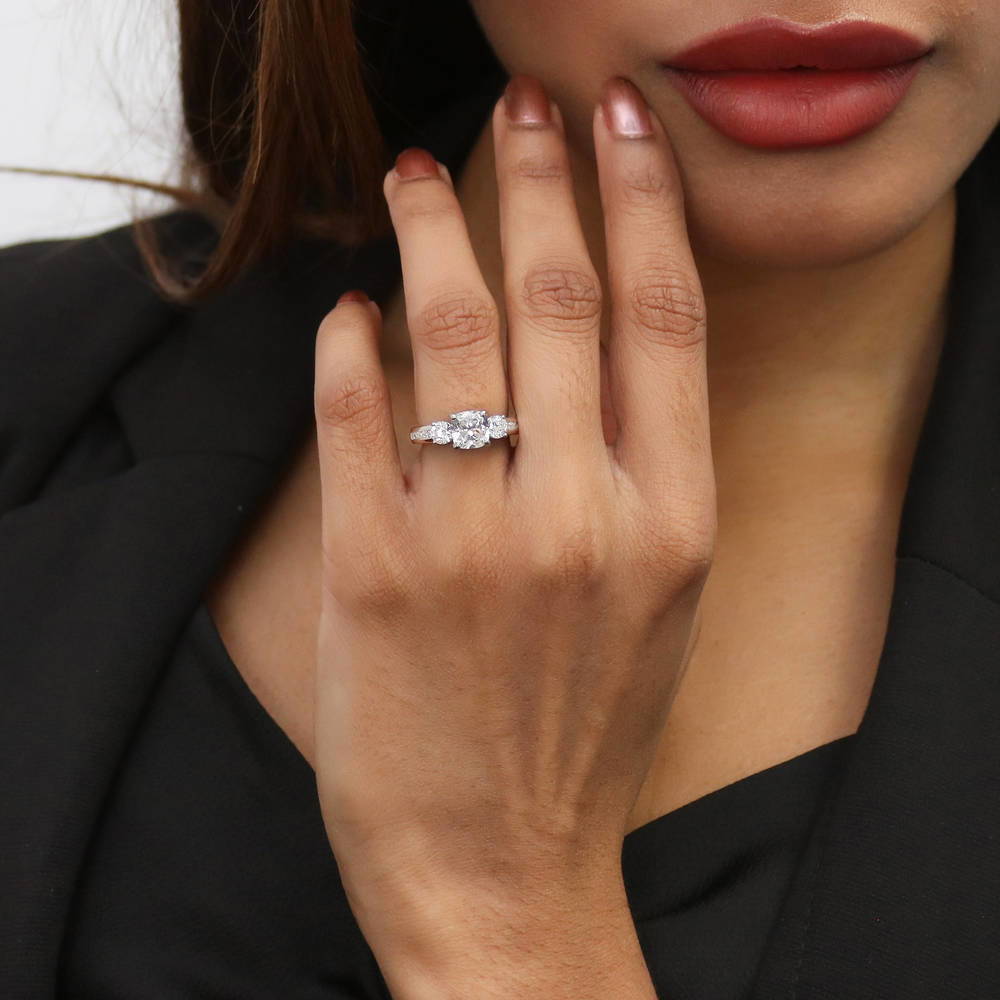 Model wearing 3-Stone Cushion CZ Ring in Sterling Silver, 9 of 9