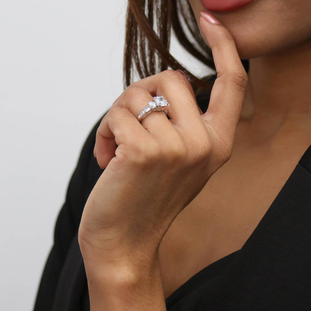 Model wearing 3-Stone Cushion CZ Ring Set in Sterling Silver, 11 of 17