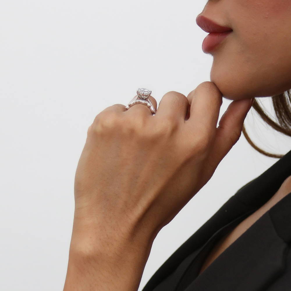Model wearing Solitaire 2ct Round CZ Ring Set in Sterling Silver, 5 of 17
