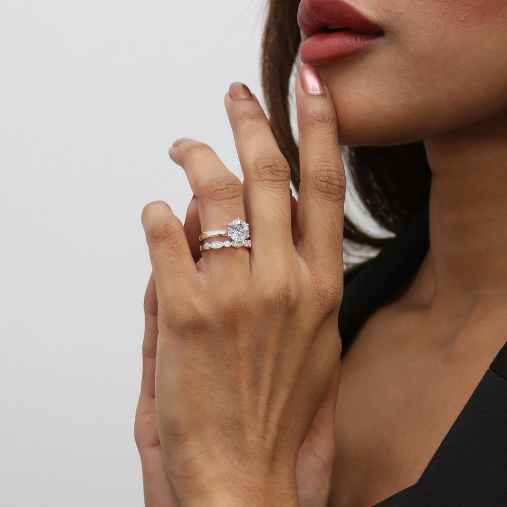 Model wearing Solitaire 2ct Round CZ Ring Set in Sterling Silver, 2 of 17