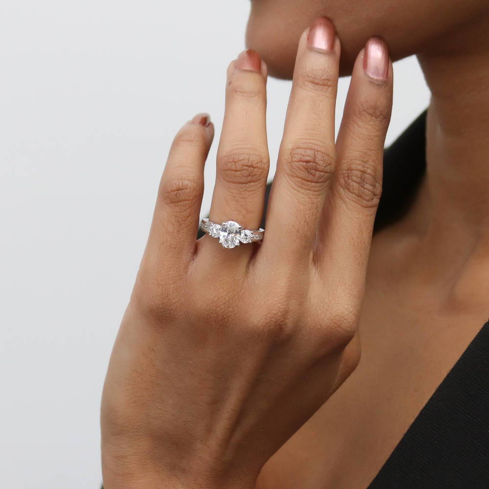 Model wearing 3-Stone Oval CZ Ring in Sterling Silver, 9 of 9