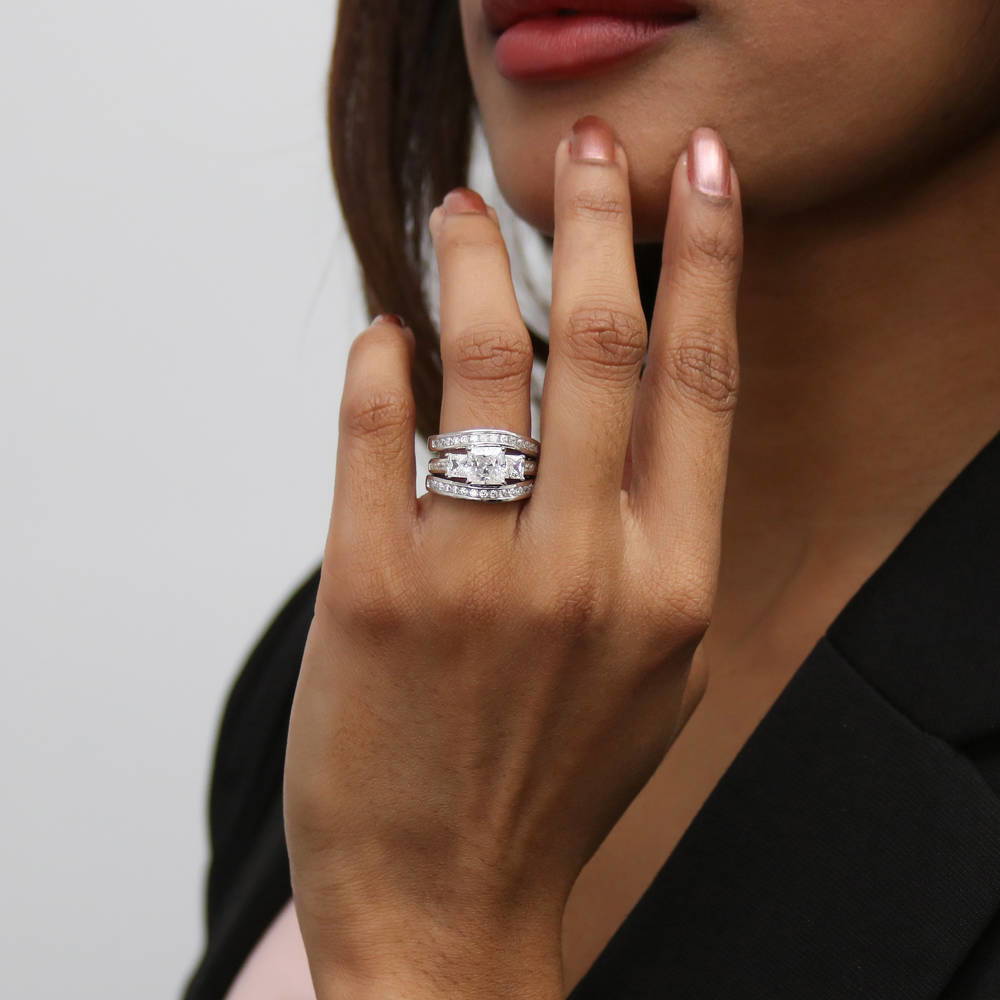 3-Stone Princess CZ Ring Set in Sterling Silver