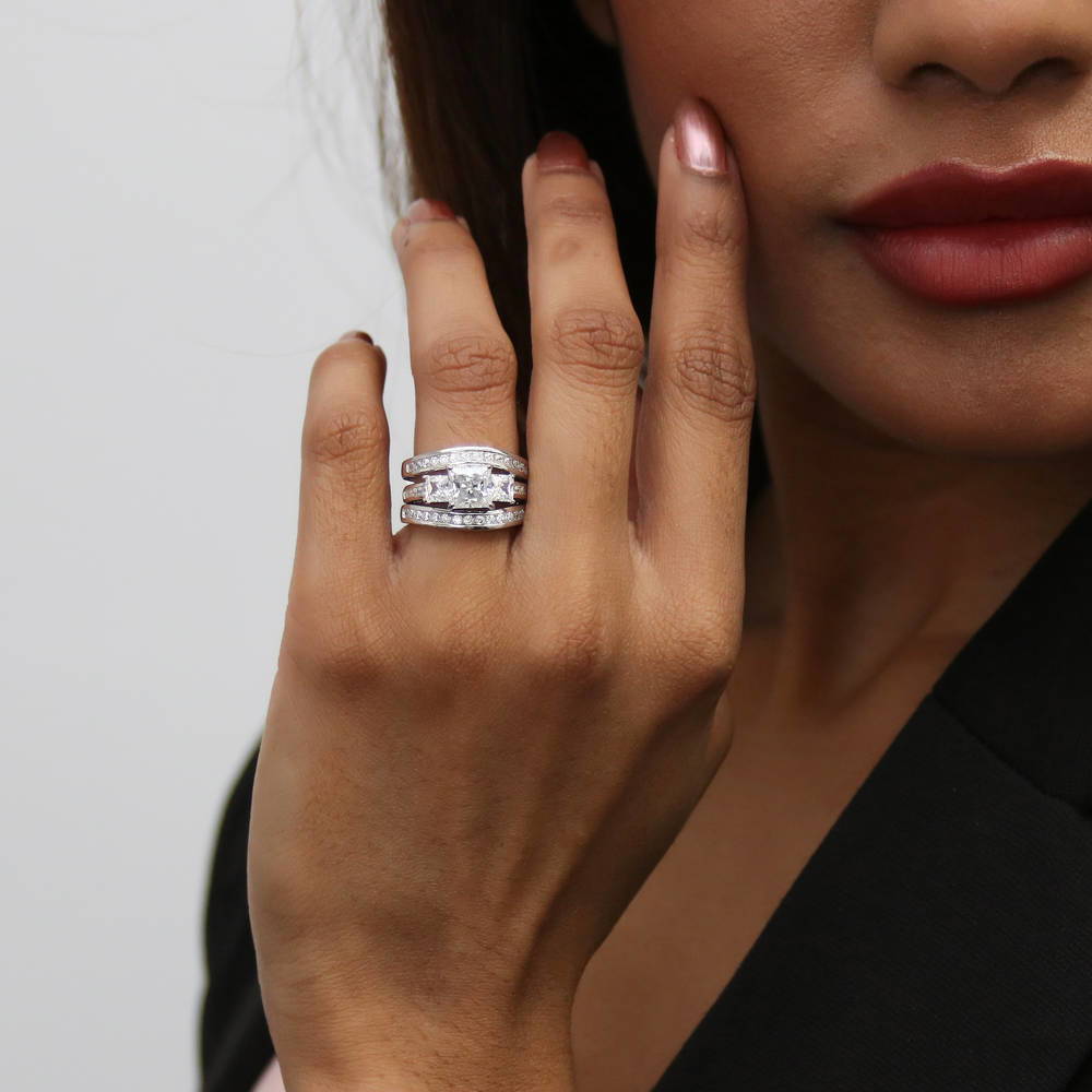 3-Stone Princess CZ Ring Set in Sterling Silver