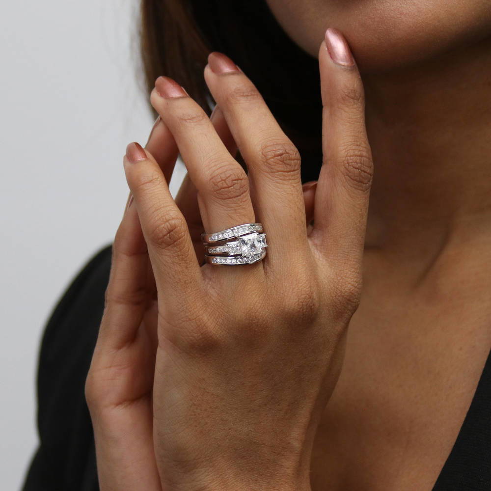 3-Stone Princess CZ Ring Set in Sterling Silver