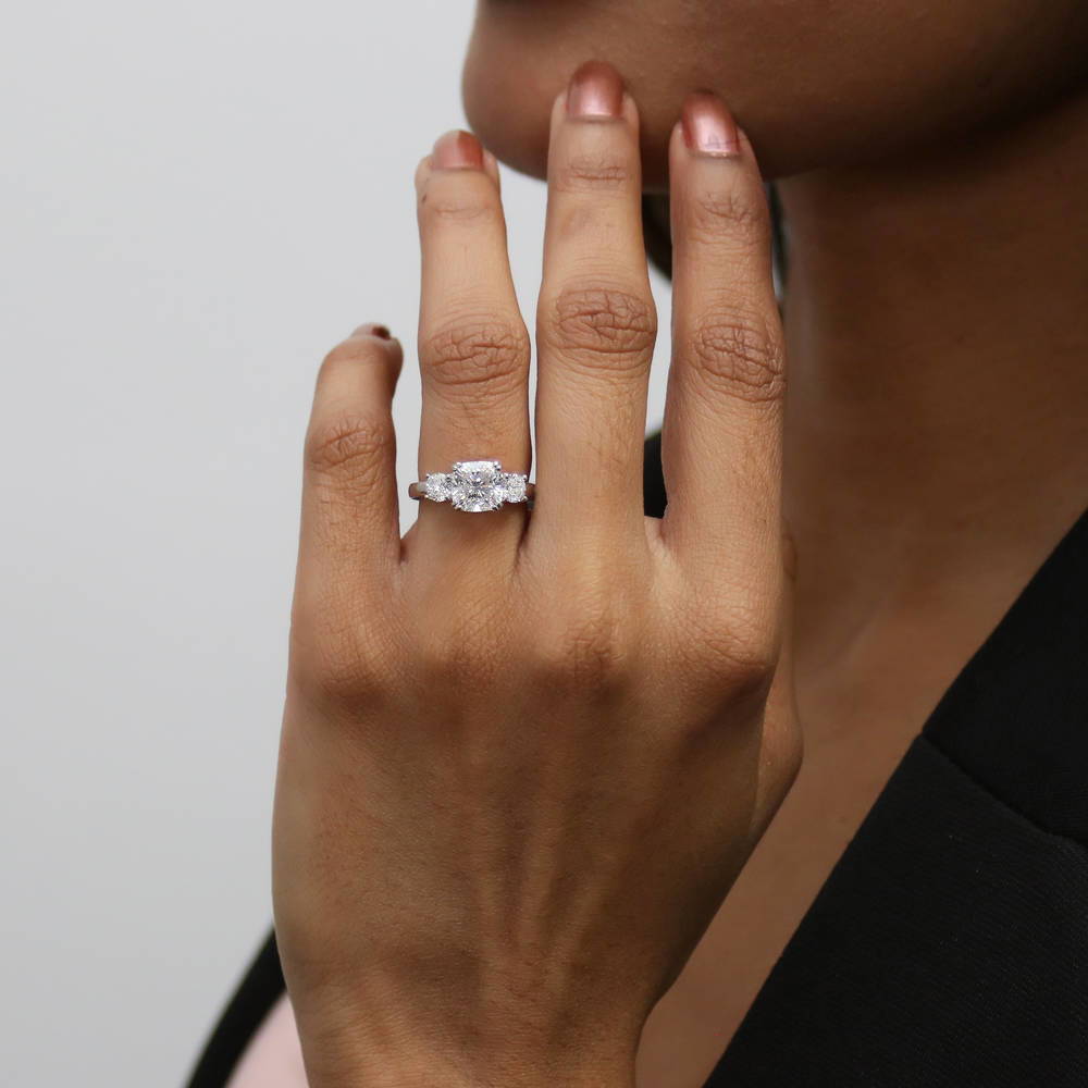 3-Stone Wishbone 7-Stone Cushion CZ Ring Set in Sterling Silver