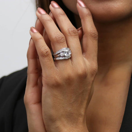 Model Wearing 3-Stone Ring, Curved Half Eternity Ring