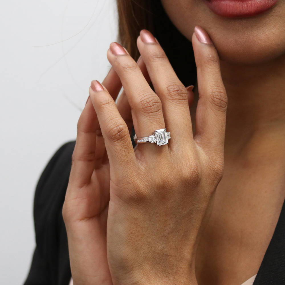 3-Stone 2.1ct Emerald Cut CZ Ring Set in Sterling Silver