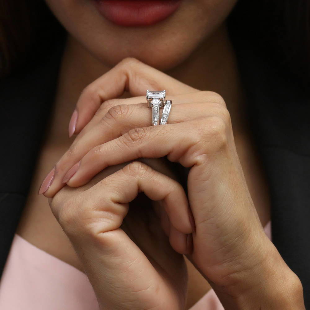3-Stone Emerald Cut CZ Ring Set in Sterling Silver