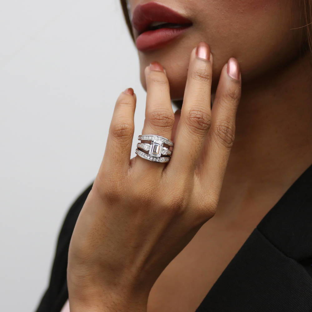 3-Stone 2.1ct Emerald Cut CZ Ring Set in Sterling Silver