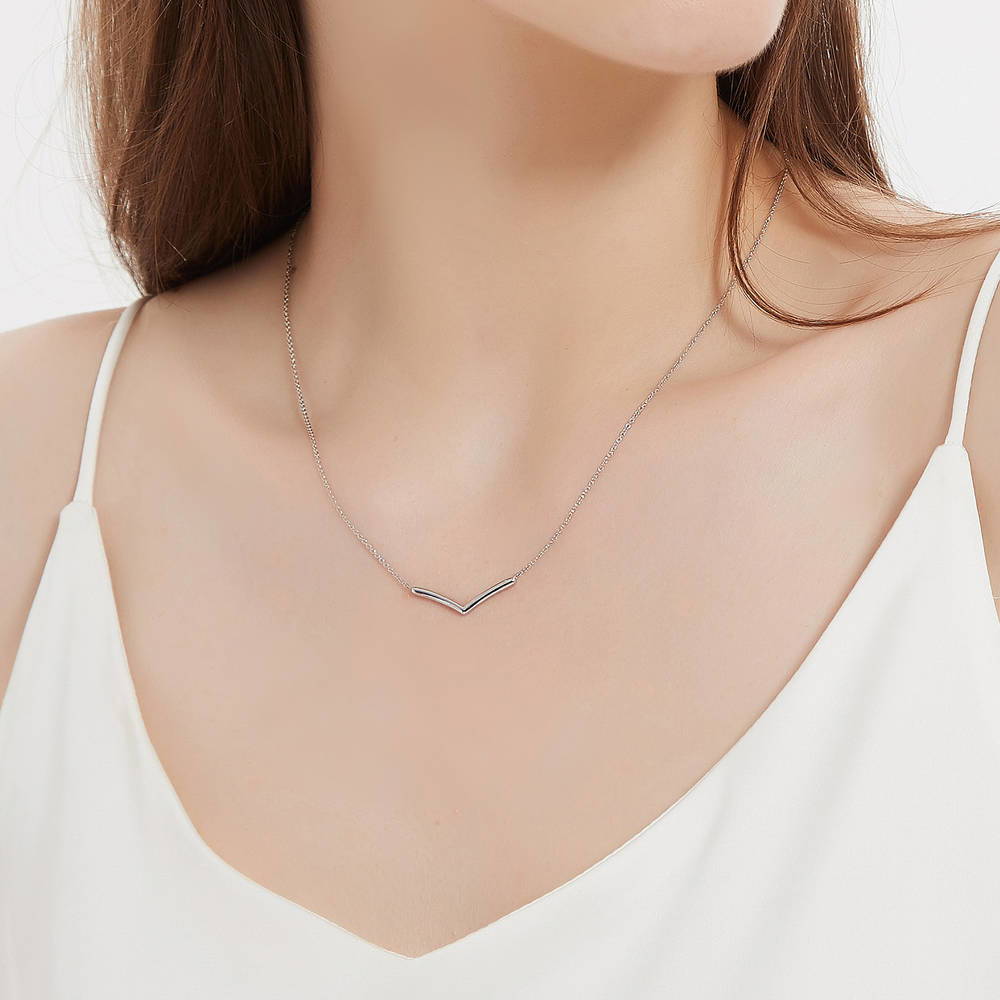 Wishbone Chevron V Shaped Necklace in Sterling Silver