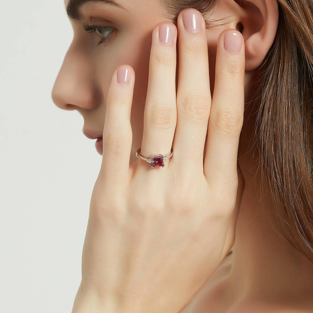 3-Stone Red Princess CZ Ring in Sterling Silver