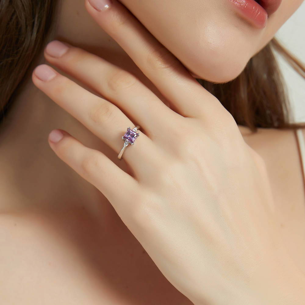 3-Stone 1.2ct Purple Princess CZ Ring in Sterling Silver