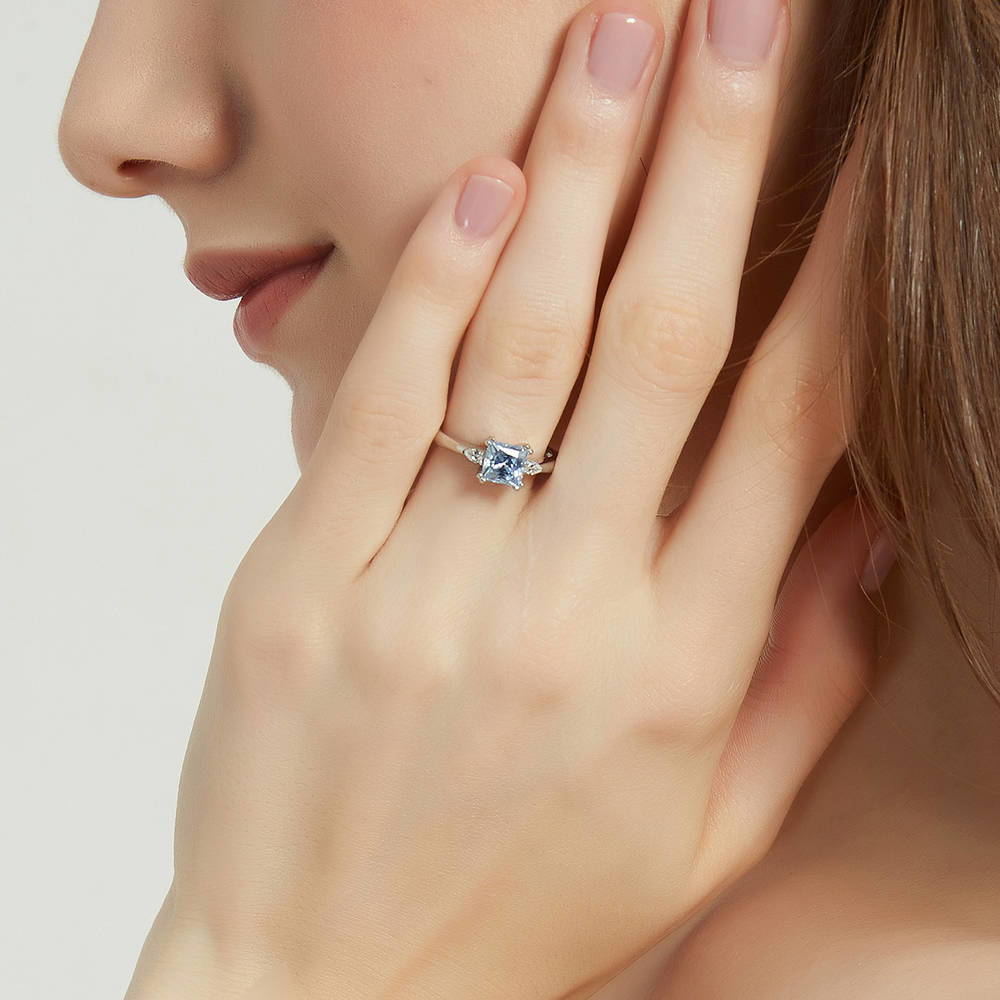 3-Stone Greyish Blue Princess CZ Ring in Sterling Silver