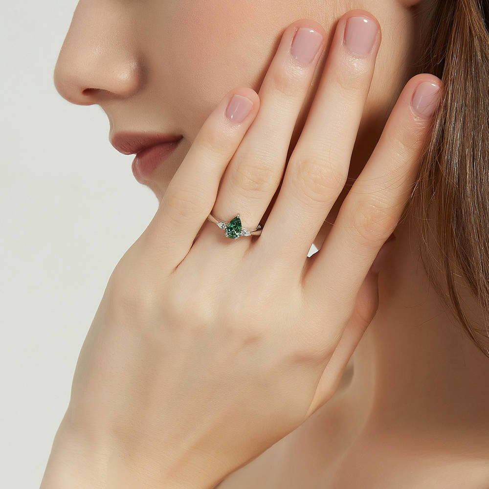 3-Stone 0.8ct Green Pear CZ Ring in Sterling Silver