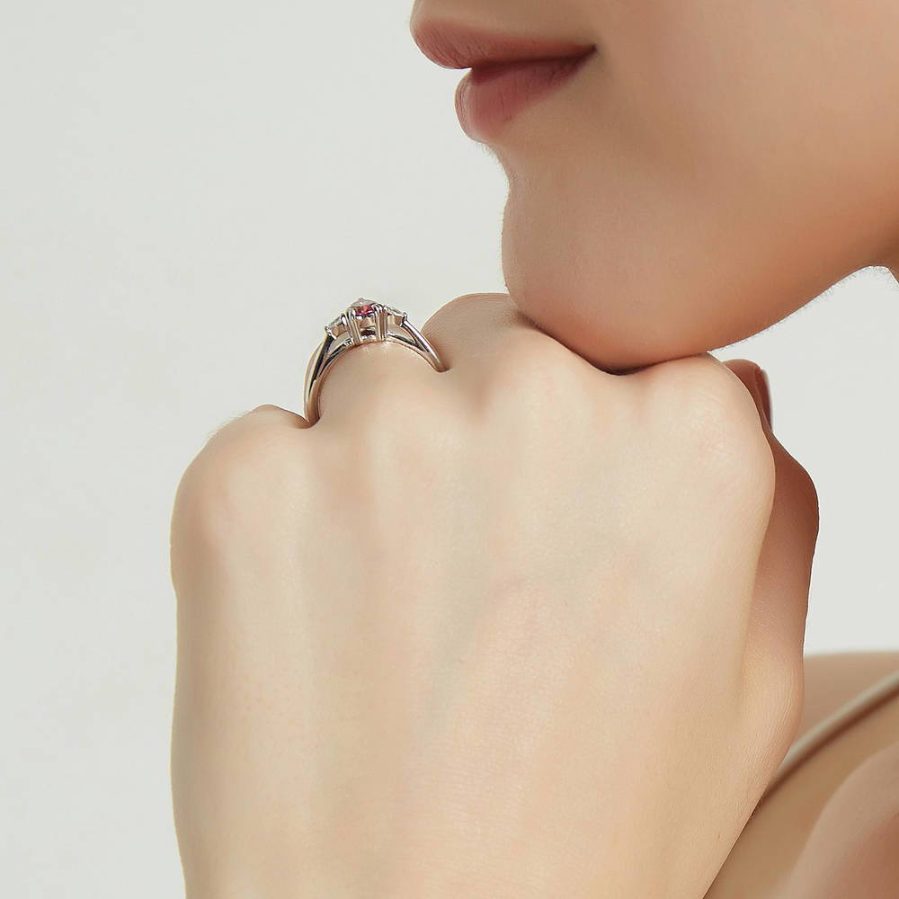 3-Stone 0.8ct Red Pear CZ Ring in Sterling Silver