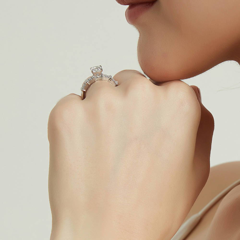 Model wearing Solitaire 1.25ct Cushion CZ Ring in Sterling Silver, 7 of 8