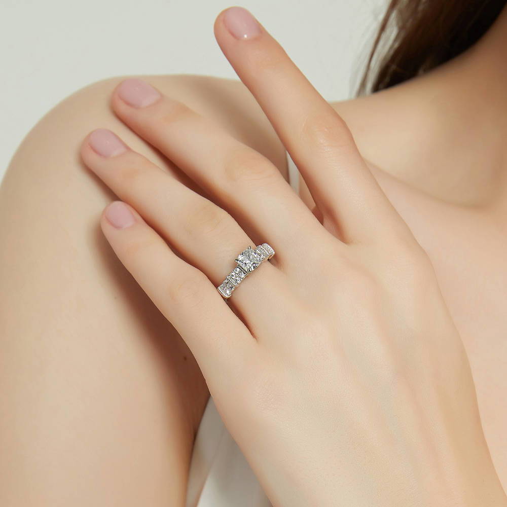 Model wearing Solitaire 1.25ct Cushion CZ Ring in Sterling Silver, 3 of 8