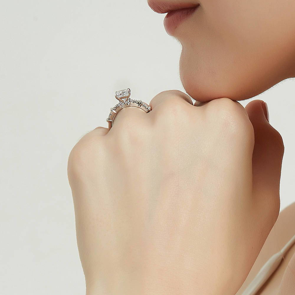 Model wearing Solitaire 1.2ct Princess CZ Ring in Sterling Silver, 7 of 8