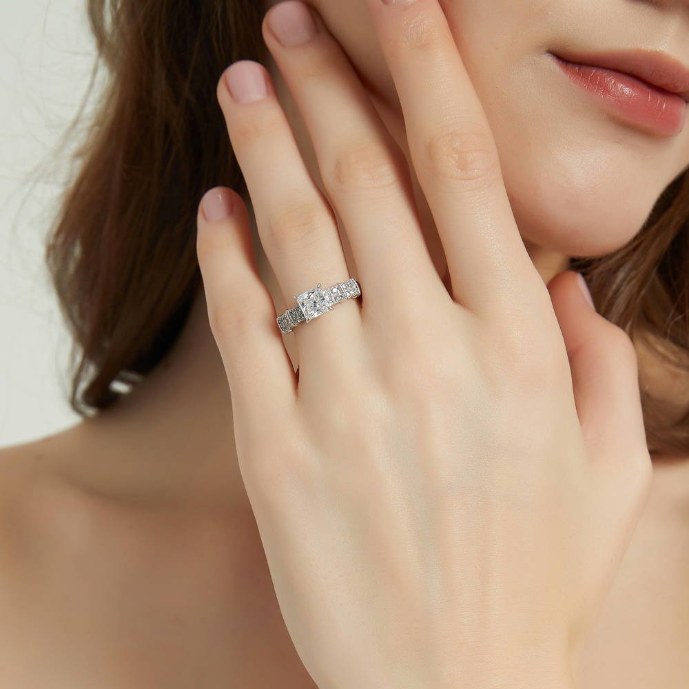 Model wearing Solitaire 1.2ct Princess CZ Ring in Sterling Silver, 2 of 8