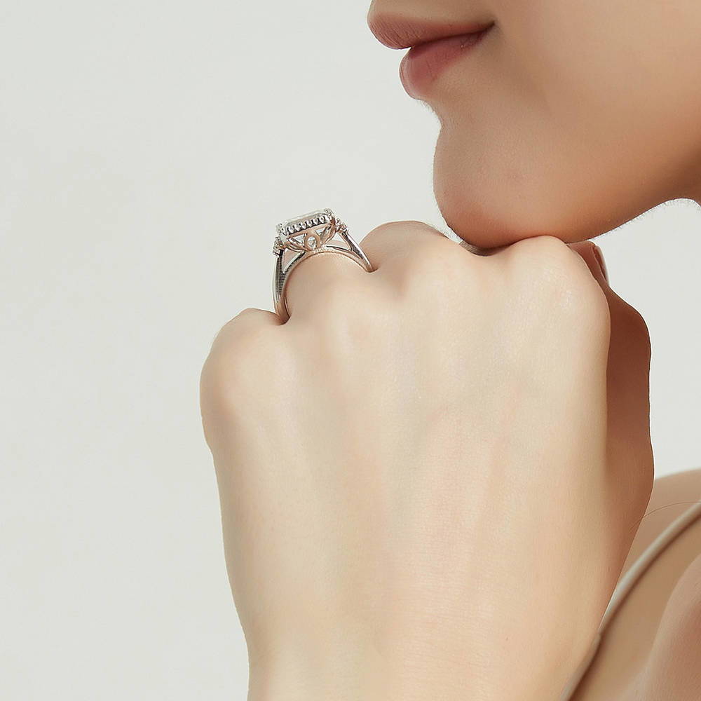 Model wearing Solitaire Emerald Cut CZ Ring in Sterling Silver 3.8ct, 7 of 8