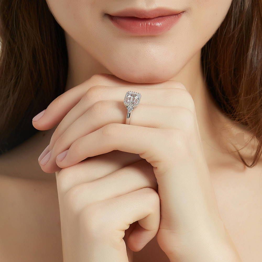 Model wearing Solitaire Emerald Cut CZ Ring in Sterling Silver 3.8ct, 6 of 8